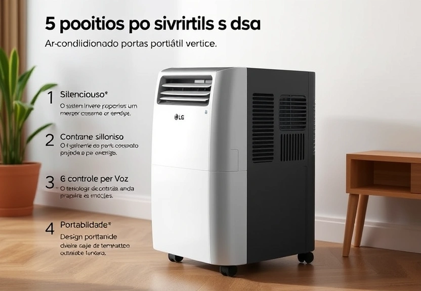 Representação visual de 5 pontos positivos do ar-condicionado portátil LG Dual Inverter Voice1. **Eficiência Energética**: O sistema Dual Inverter proporciona um desempenho superior com menor consumo de energia, ajudando a reduzir a conta de luz.2. **Silencioso**: O funcionamento do ar-condicionado é bastante silencioso, permitindo um ambiente tranquilo, ideal para dormir ou trabalhar.3. **Controle por Voz**: A tecnologia de controle por voz permite operar o aparelho de forma prática e moderna, facilitando o ajuste de temperatura e outras funções.4. **Portabilidade**: O design portátil permite que o ar-condicionado seja facilmente transportado de um cômodo para outro,